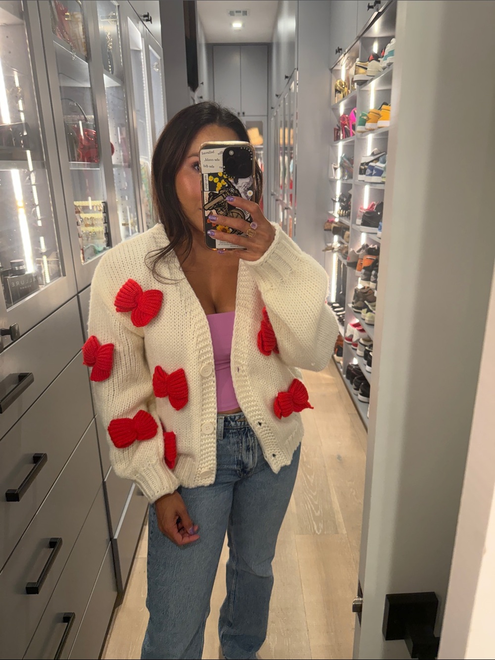 Cream Knit Cardigan with Red Bow Appliqués